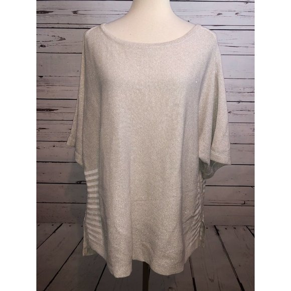 Chicos size 2 Large short sleeve sweater Beige Stripe Womans Metallic Womens‎ - Picture 1 of 11